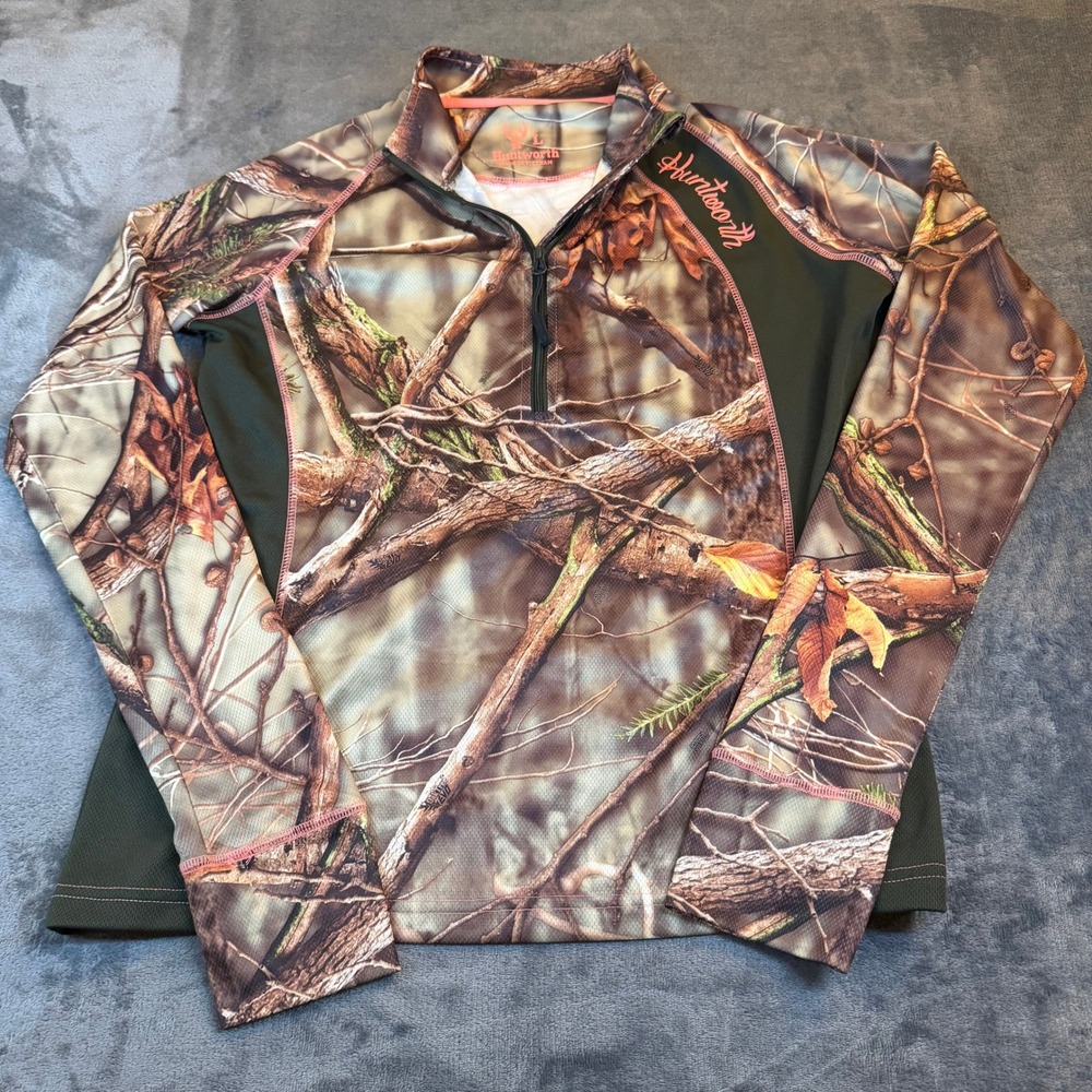 Huntworth Camo Quarter Zip Long Sleeve Shirt Pink Trim Outdoor Womens Large